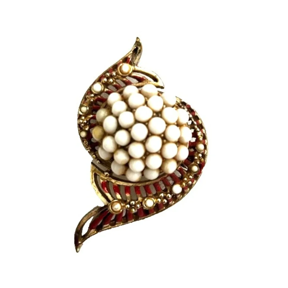 Vntage CORO Signed Spray Brooch Pin Pearl Milk Glass Bead Cluster Red Enamel 50s